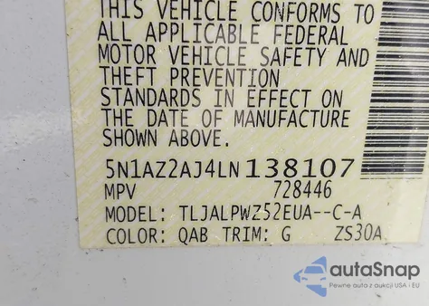 2020 Nissan Murano S Fwd from USA, damaged, VIN 5N1AZ2AJ4LN138107